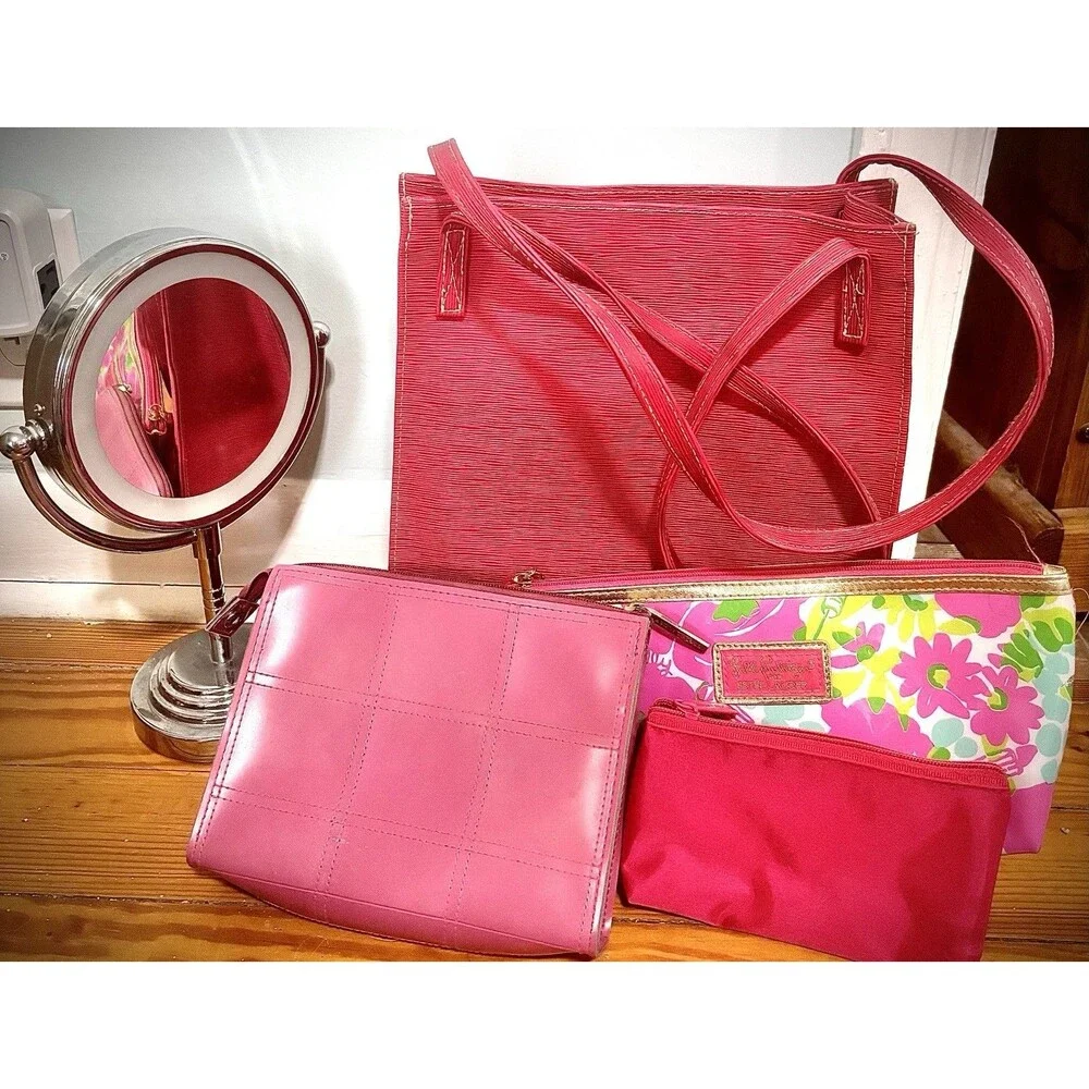 Estee Lauder Lilly Pulitzer Makeup Bag Lot Pink Tote Purse Wallet Conair Mirror